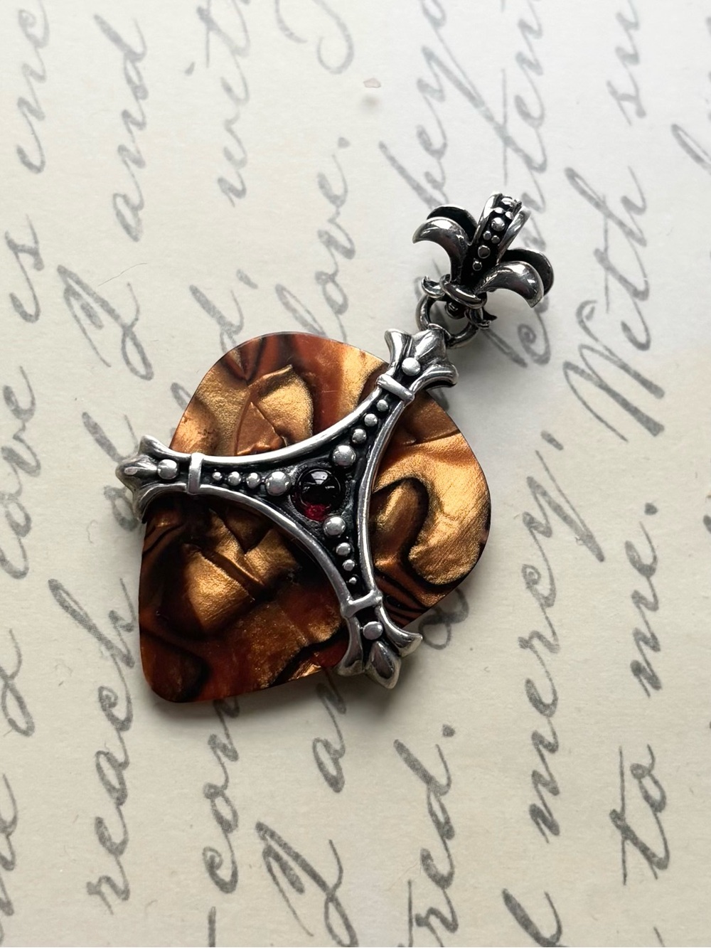 Sterling Silver & Garnet Fleur-de-Lis Pendant Necklace Guitar Pick Holder